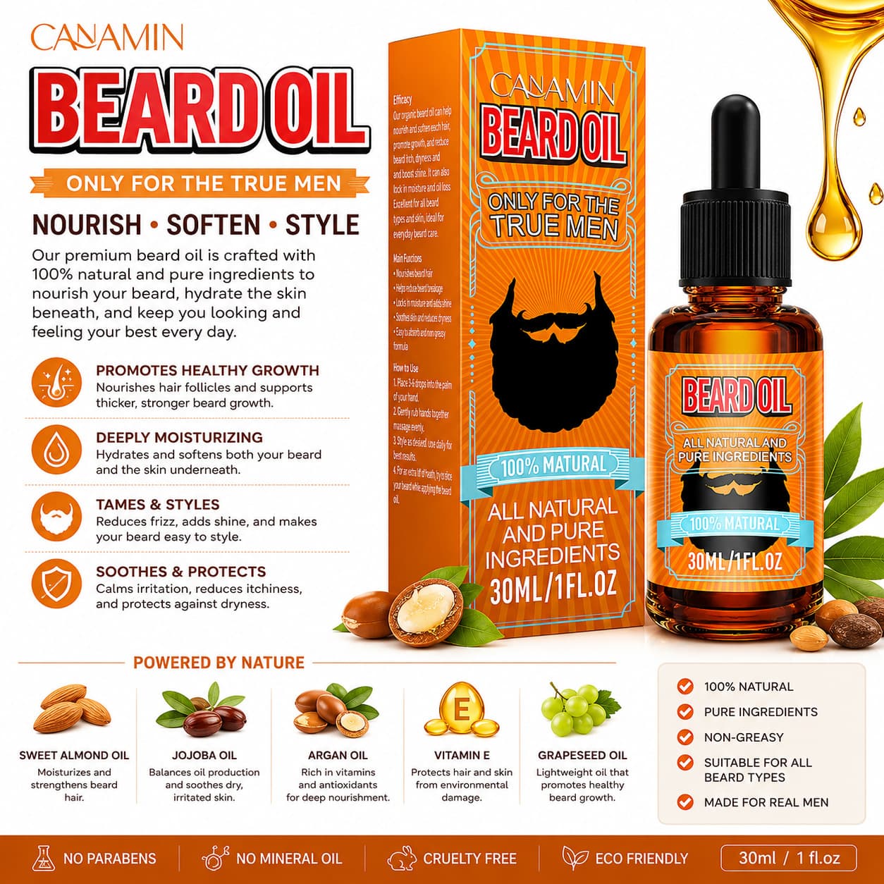 Cross-border Amazon BEARD OIL Beard Thickening Oil Beard Care Serum Nourishing Care Serum