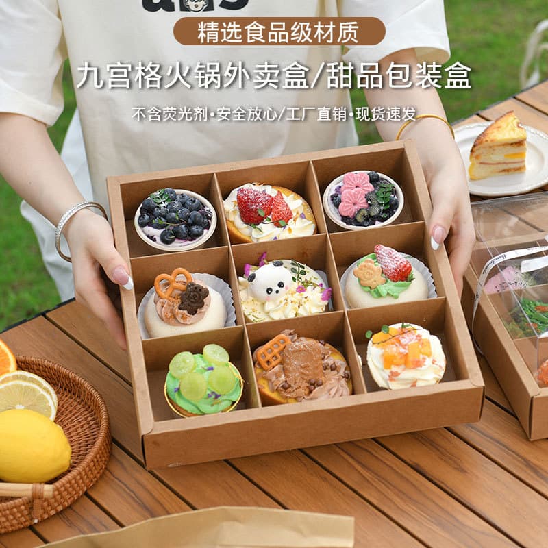 Disposable Kraft Paper 9-Grid Packing Box for Takeout, Outdoor Camping, Spring Outing, BBQ, and Picnic Lunch Snacks
