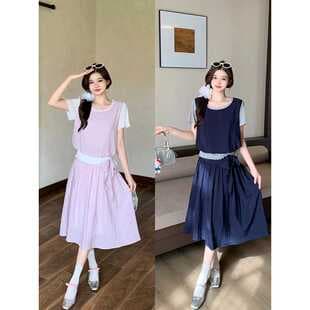 2026 Summer New Plus Size Women's Korean Style Sweet Fake Two-Piece Short Sleeve Top and Skirt Set