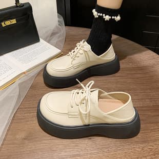 Women's Leather Shoes British Style 2023 New Spring-Summer Student Round Toe Retro Black Lace-Up Thick Heel JK Oxfords