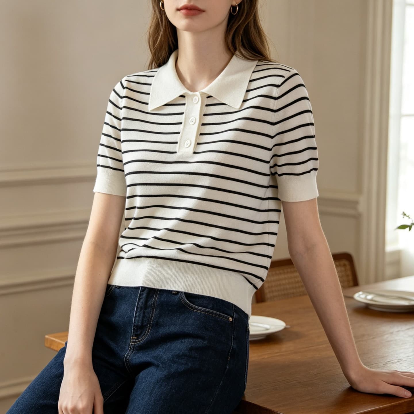 Cross-border Russian European and American Women's Versatile Striped Polo Shirt Preppy Style Short Sleeve Knit Sweater Manufacturer Wholesale Summer