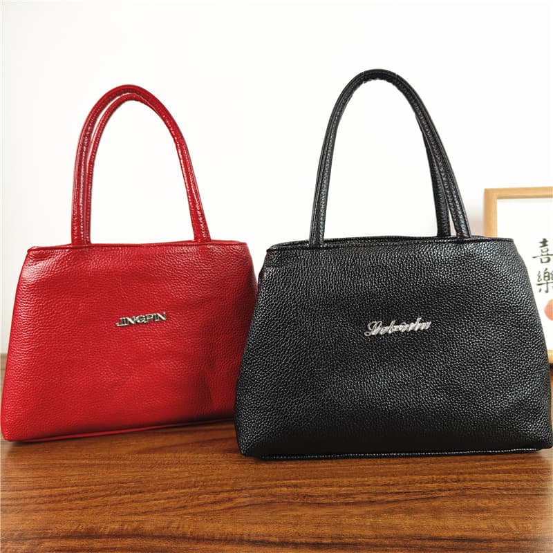 Mother's Handbag, Soft Leather with Lychee Texture, Double Zipper Key Coin Purse, Grocery Bag, Handbag for Middle-aged and Elderly Women