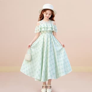 Girls Short Sleeve Dress Mesh Skirt Floral Print Children Princess Dress Teen Outing Beach Summer