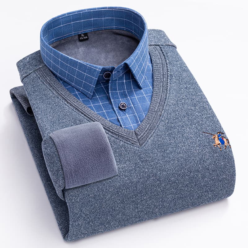 New autumn/winter fleece-lined, thickened men's faux two-piece shirt collar sweater, knitted pullover, warm and versatile top.
