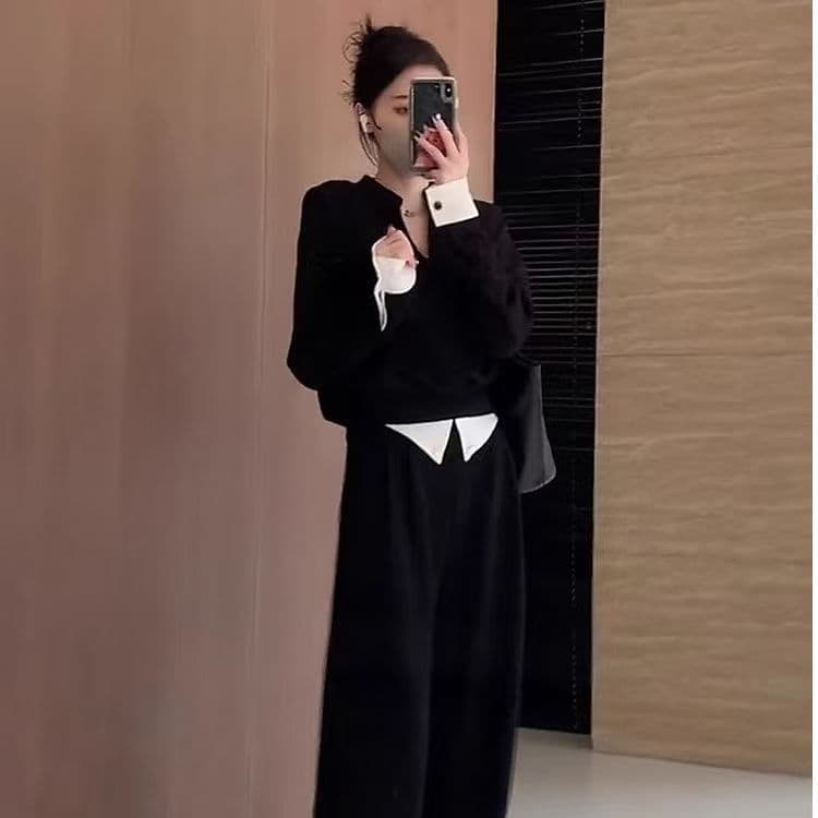 Women's Casual Sportswear 2025 Autumn Winter Long Sleeve V-Neck Sweatshirt High Waist Wide Leg Pants Casual Versatile Two-Piece Trendy Set