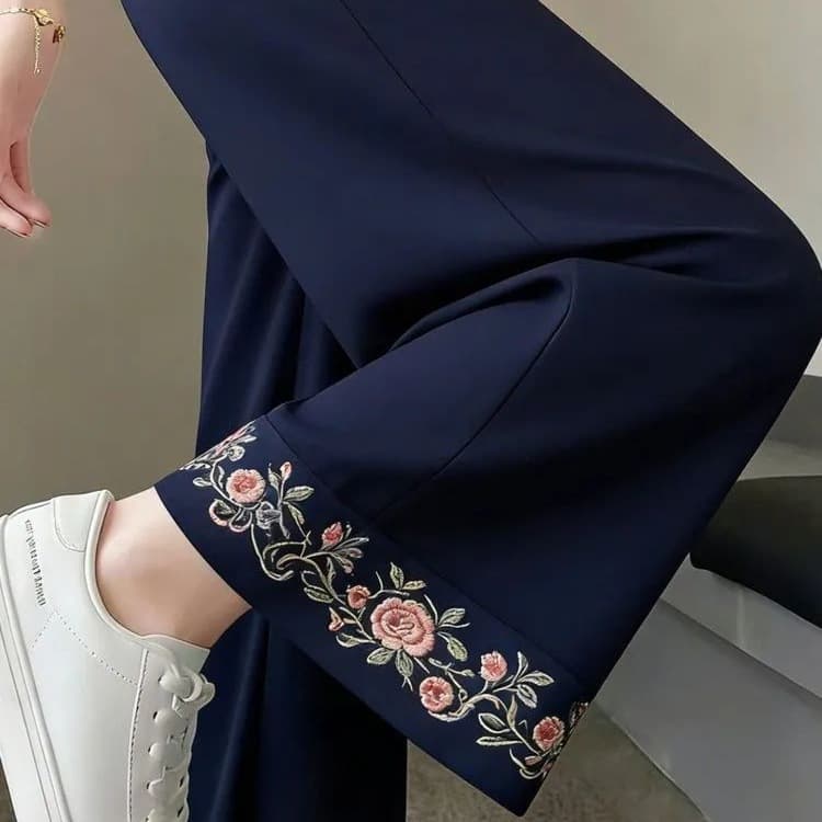 Large Size Navy Blue Embroidered Nine-Point Wide-Leg Pants Women's Summer New Loose Slim Drape Casual Straight Pants
