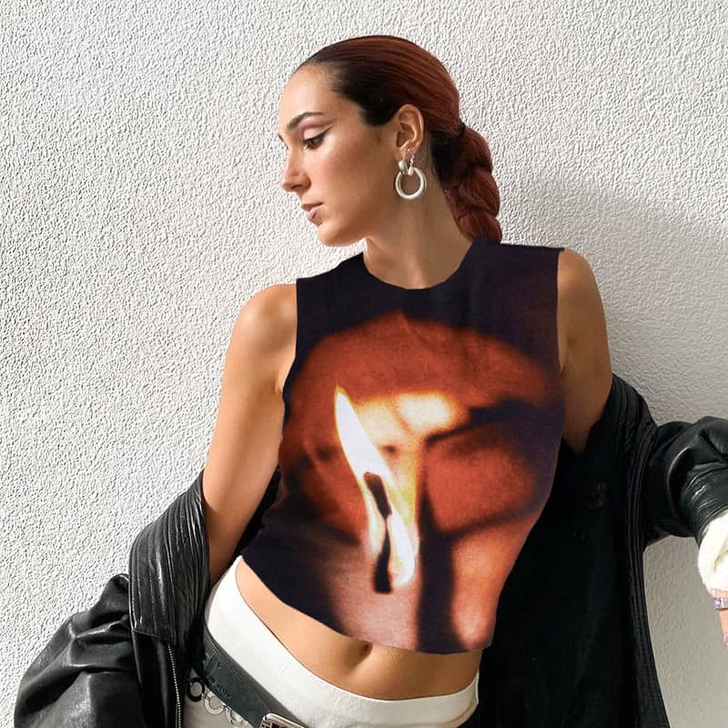 Europe and America Cross-Border Women's Summer New Fashion Trendy Round Neck Sleeveless Crop Top Fitted Printed Short Top Women Ins Wholesale