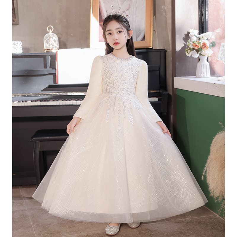 French Girl's Long-Sleeve Dress Flower Girl Wedding Gown Little Girl Birthday Party Host Piano Performance Outfit Advanced Niche