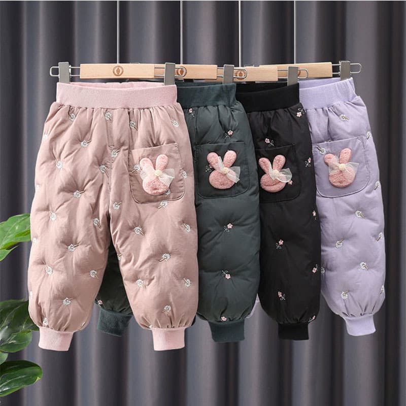 Girls' Cotton Padded Cartoon Bunny Warm Casual Pants 2026 Winter New Kids Stylish Floral Fleece Cuffed Pants