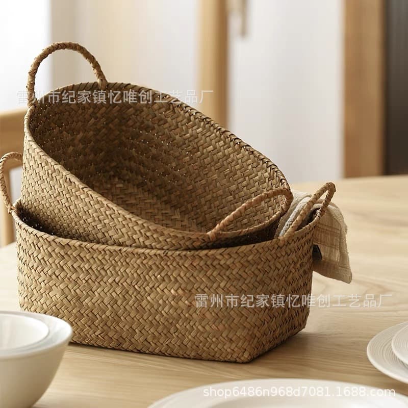 Woven Straw Fruit Basket, Rattan Fruit Tray, Seagrass Storage Basket, Bamboo Woven Snack Basket, Egg and Vegetable Storage Tray, Desktop Organizer Basket