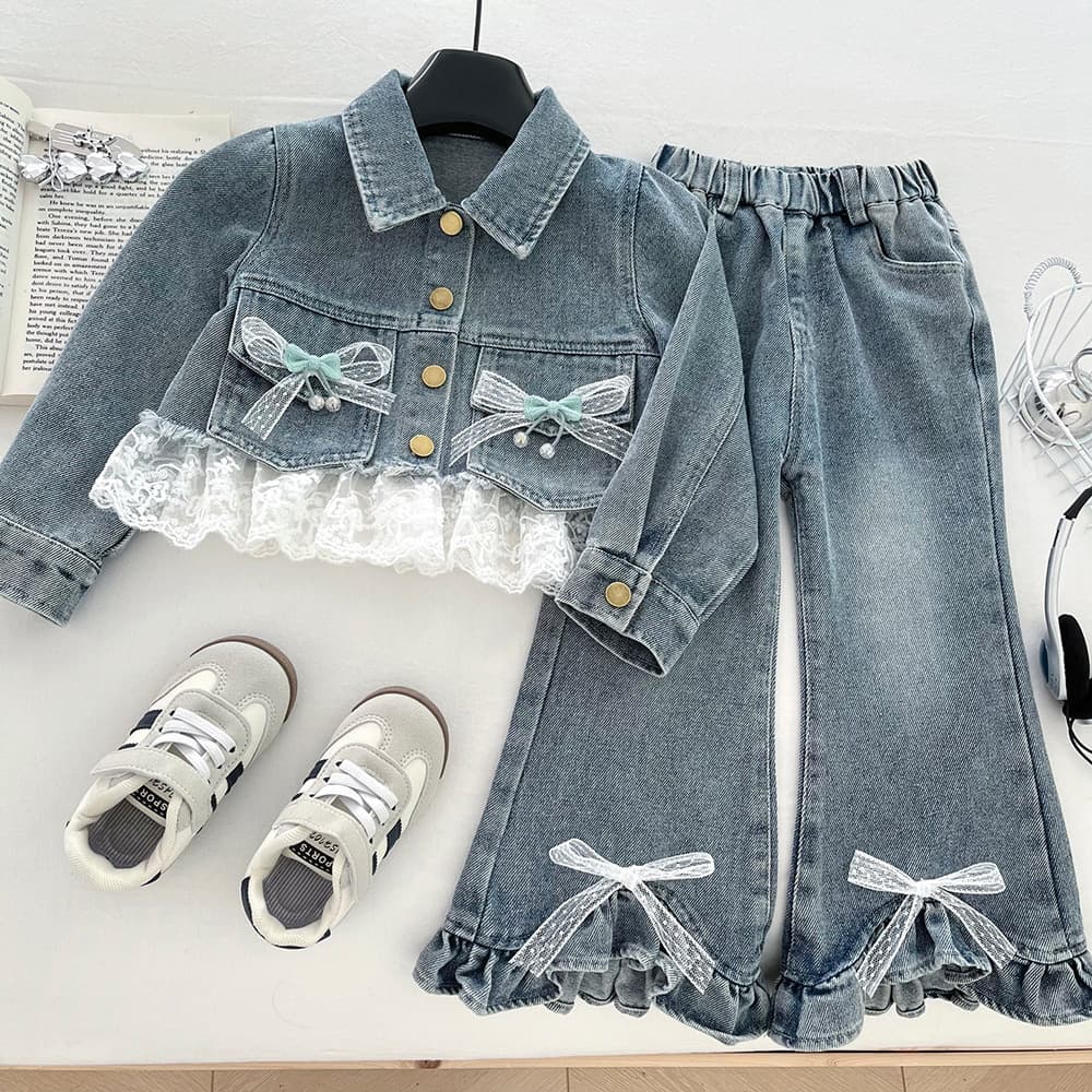 Girls Lace Trim Denim Jacket Set Autumn 2026 Korean Style Kids Slightly Flared Jeans Two-Piece Set Trendy