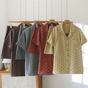 Couple Cotton Gauze Pajamas Women Men Summer Thin Yarn-Dyed Cotton Short Sleeve Shorts Loungewear Loose Plus Size