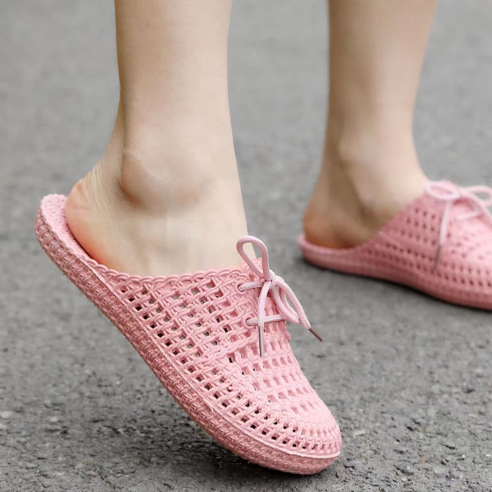 Women's 2026 PVC Clog Sandals Hollow Open Toe Casual Slippers with Lace-Up Design for Home and Outdoor Wear