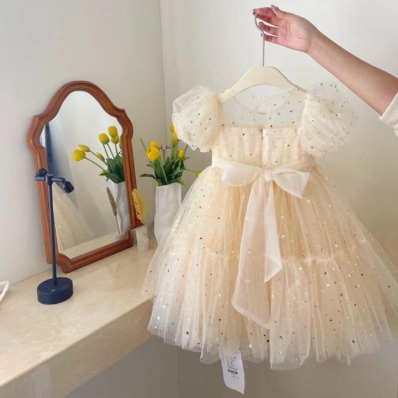 Girls Summer Dress 2026 New Korean Style Baby Premium Mesh Puff Sleeve Birthday Princess Dress