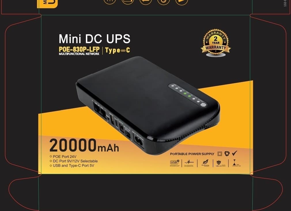 POE-830P-LFP Mini UPS Uninterruptible Power Supply for Router, Optical Modem, Surveillance 20000mAh
