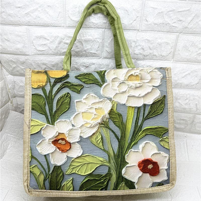 New Summer Fashion Linen Large-Capacity Canvas Beach Bag Large Flower Simple Versatile Handbag Tote Large Bag