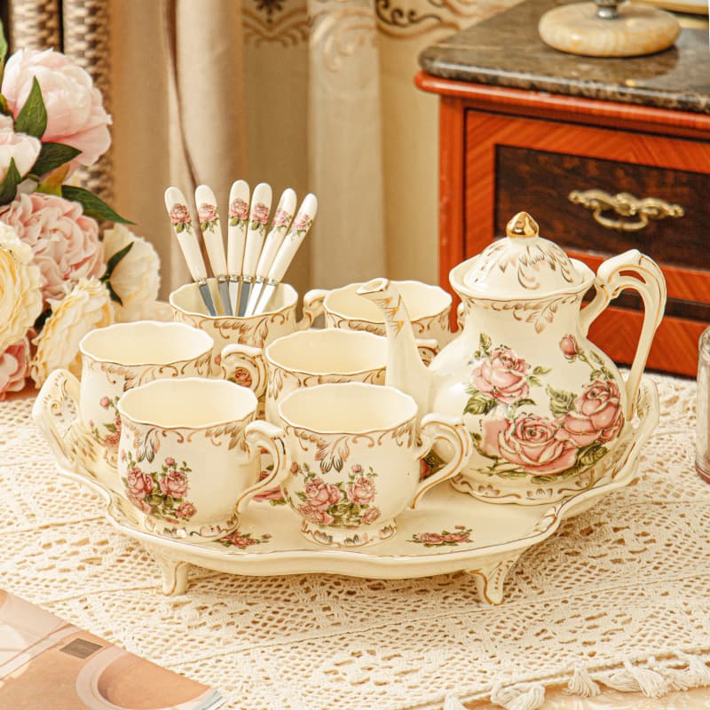 European Tea Set & Water Cup Set, Household Ceramic Mugs, Exquisite Luxury Teapot, Living Room Hospitality Tea Cup Complete Set