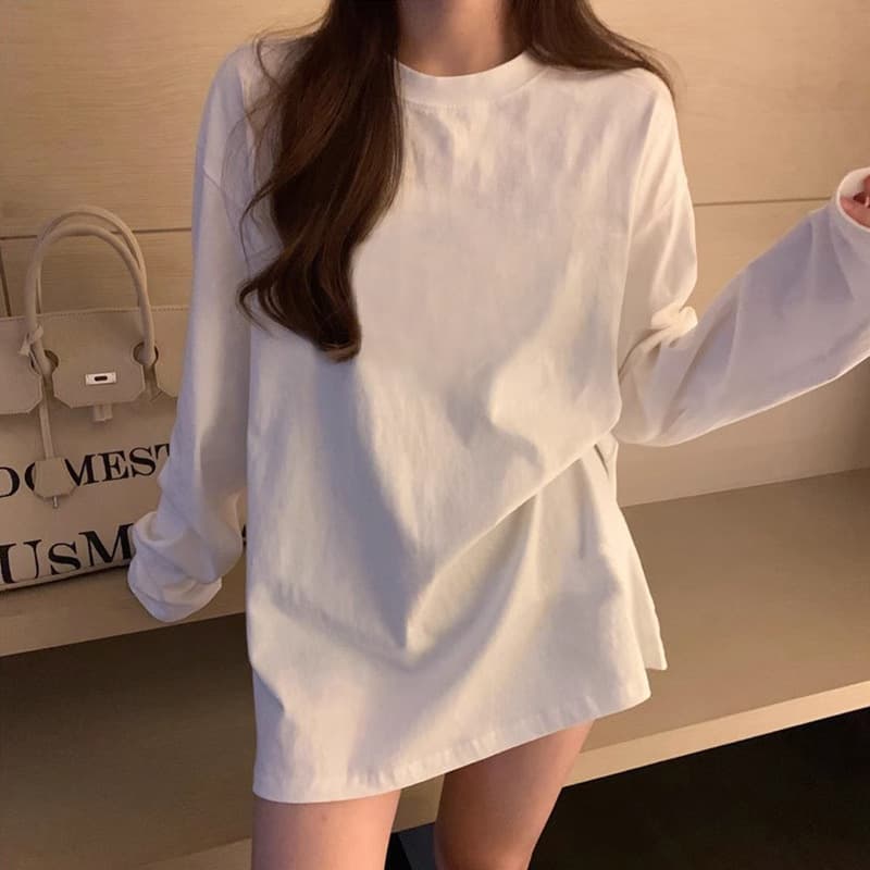 Long-Sleeve Mid-Length T-Shirt for Women 2025 New Spring/Autumn White Versatile Loose Korean Style Regular Shoulder Base Layer