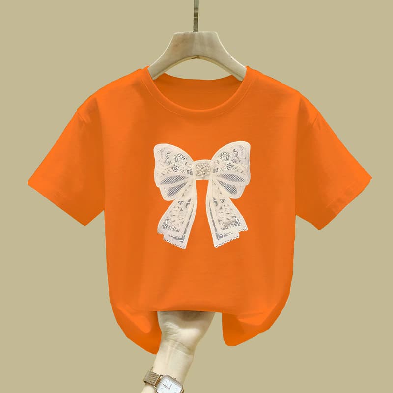 2366# Girls' Summer Short-Sleeved T-Shirt, Children's Summer Bow Half-Sleeved Top, Baby Girl's Versatile Summer Dress