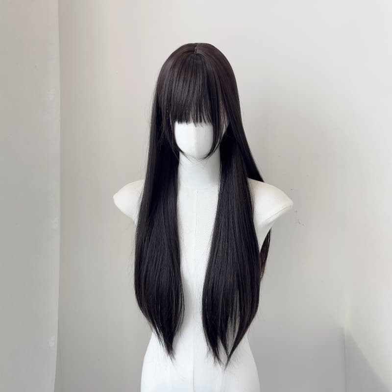 Women's Black Long Straight Wig, Daily Style with Bangs, Lolita Simulation Hair, Extended Straight Hair 80cm Full Wig Cap