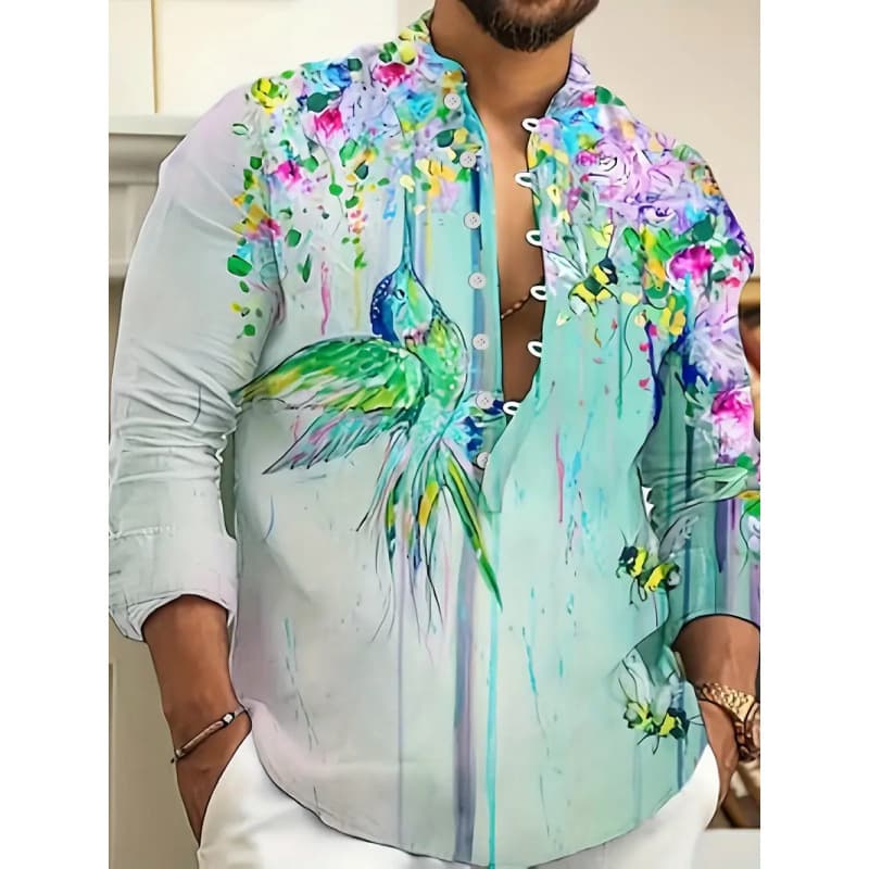 Men's Casual Versatile Fashion Street Shirt with Turn-down Collar Single-breasted Long-sleeve Top Bird Print Long-sleeve Shirt