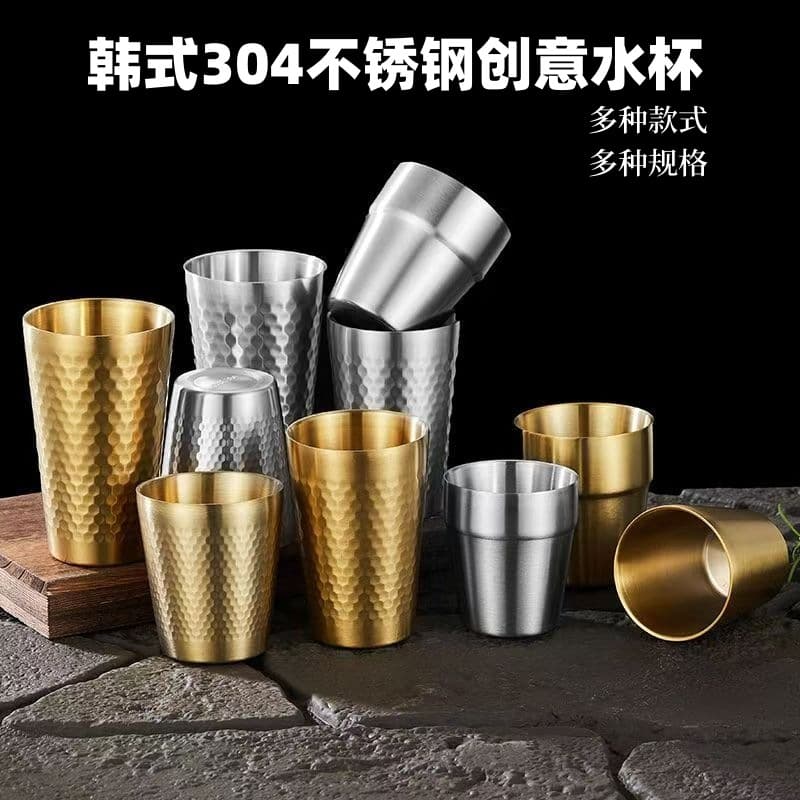 Cross-border Korean Style 304 Stainless Steel Water Cup Beer Mug, Commercial Double-layer Heat-insulated Cup for Restaurant Beverage Coffee Tea Cups