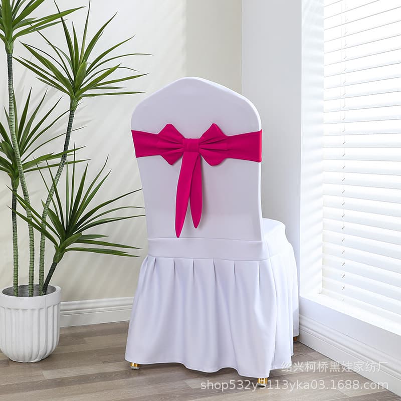 Elastic chair back cover for weddings, hotels, banquets, and more; elastic chair back with floral ribbons.