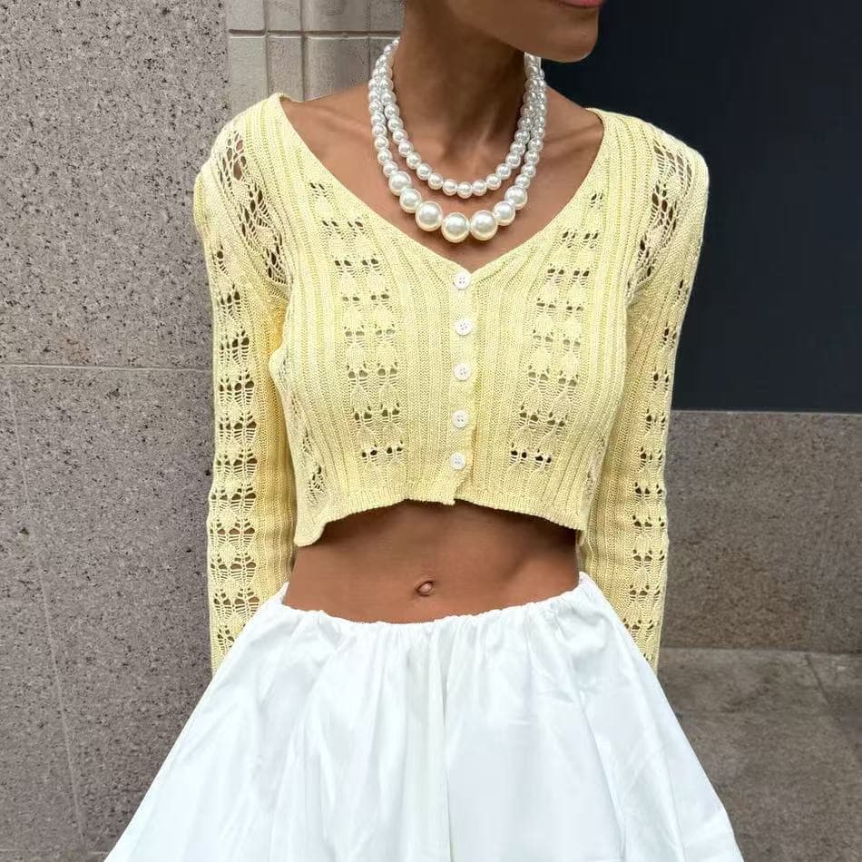 European and American Cross-Border Trendy Hollow Knit Cardigan Women's New Style Solid Color Long Sleeve V-Neck Short Knit Top