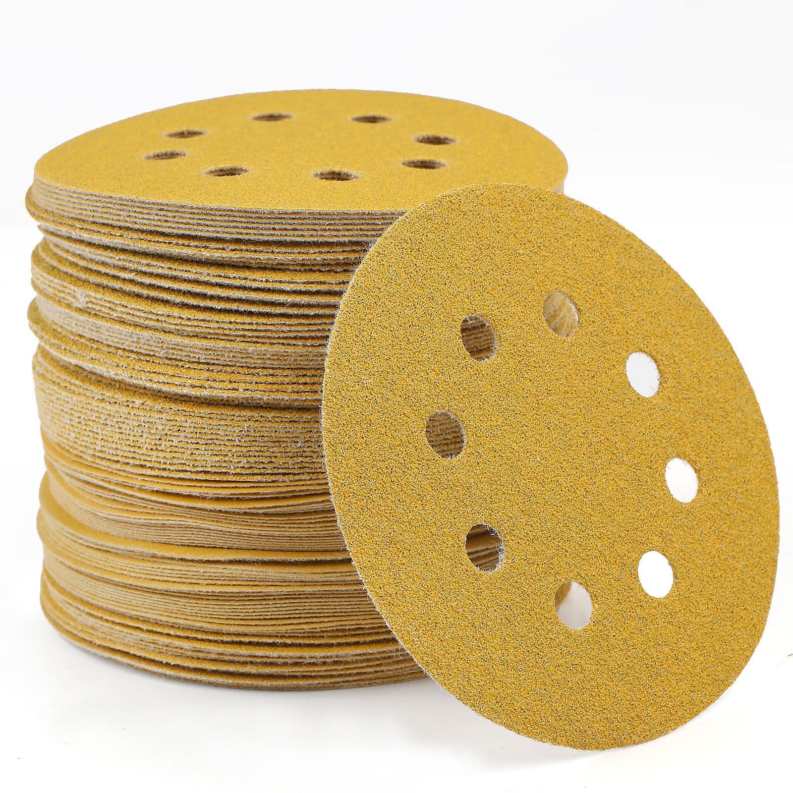 Cross-border hot selling 5-inch 8-hole yellow sand flocked sandpaper 125mm alumina dry sanding paper for track machine use