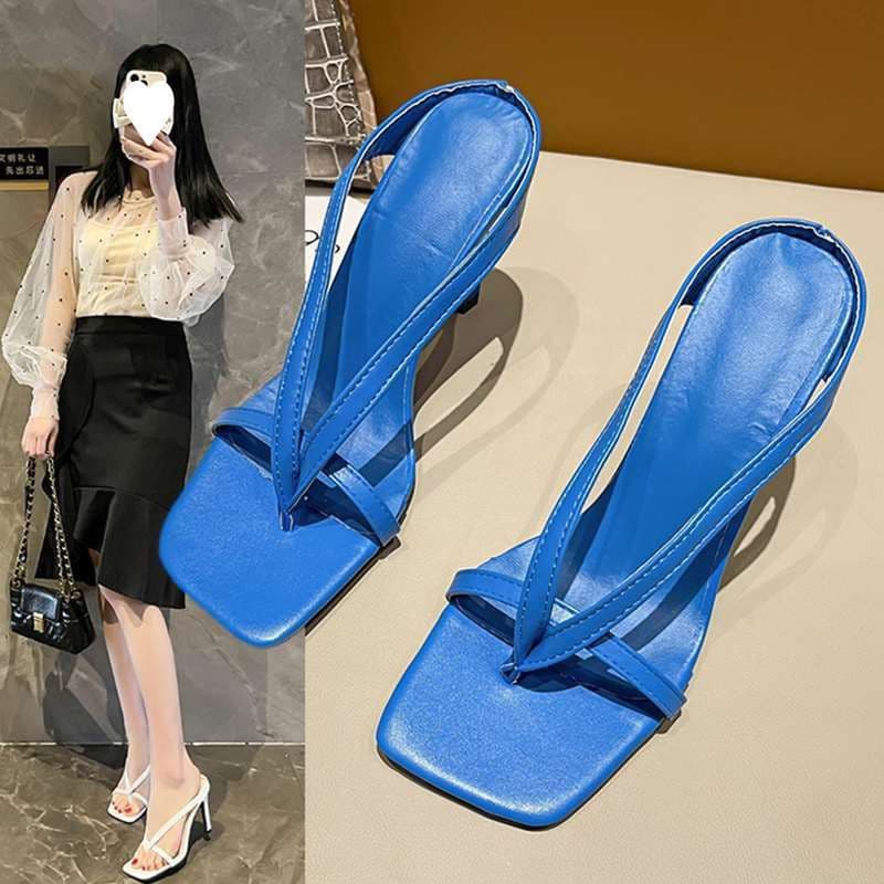 High-heeled women's thin-heeled flip-flops 2026 summer new French niche square toe clip-toe thin strap Roman sandals