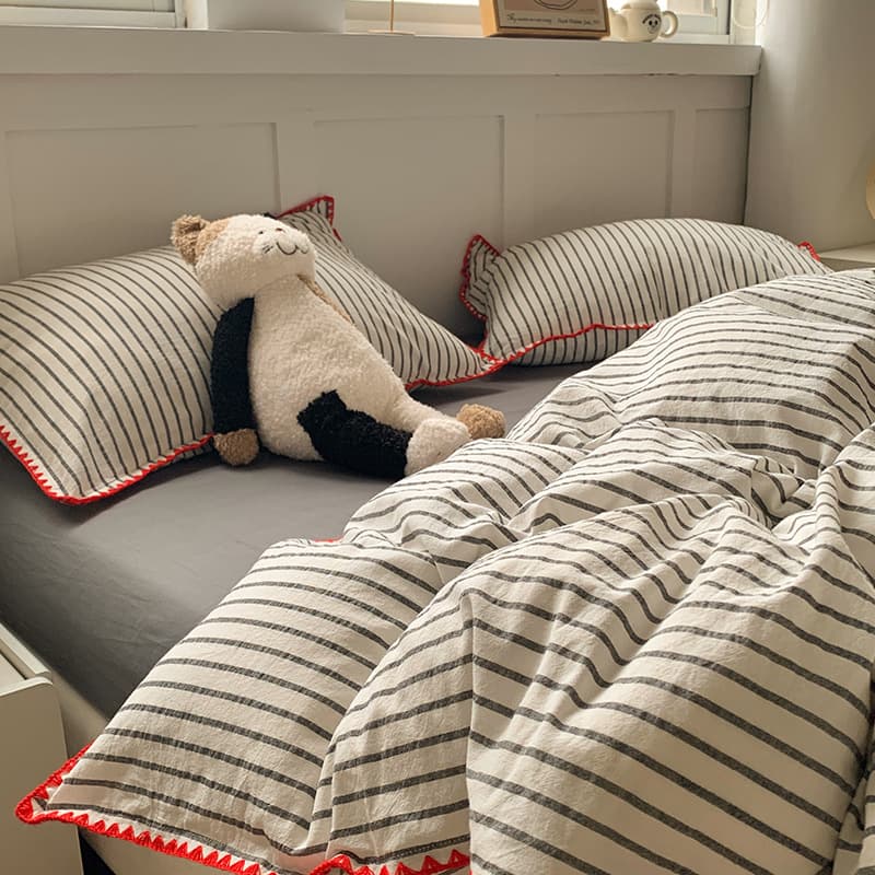 Cotton Washed Cotton Triangle Needle Grey Striped Bed Four-piece Set Cotton Class A Maternal and Infant Grade Bed Sheet Quilt Cover Bedding