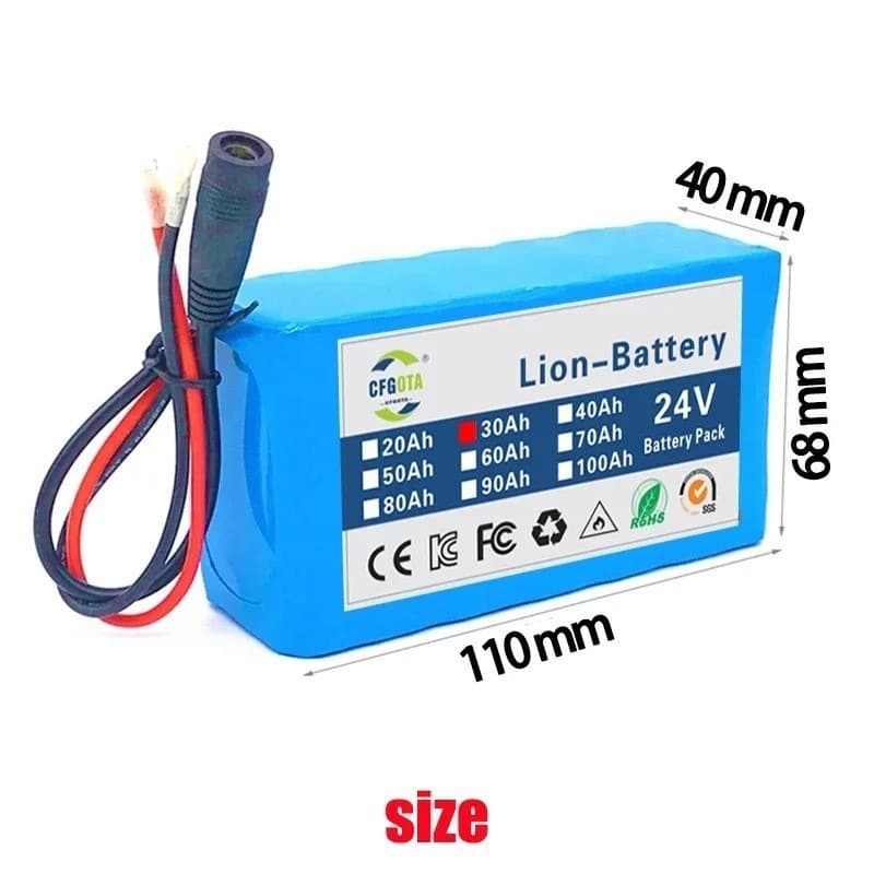24V 6S2P 30000mAh 18650 Lithium Battery Pack 24V with BMS Rechargeable Battery + 2A Charger