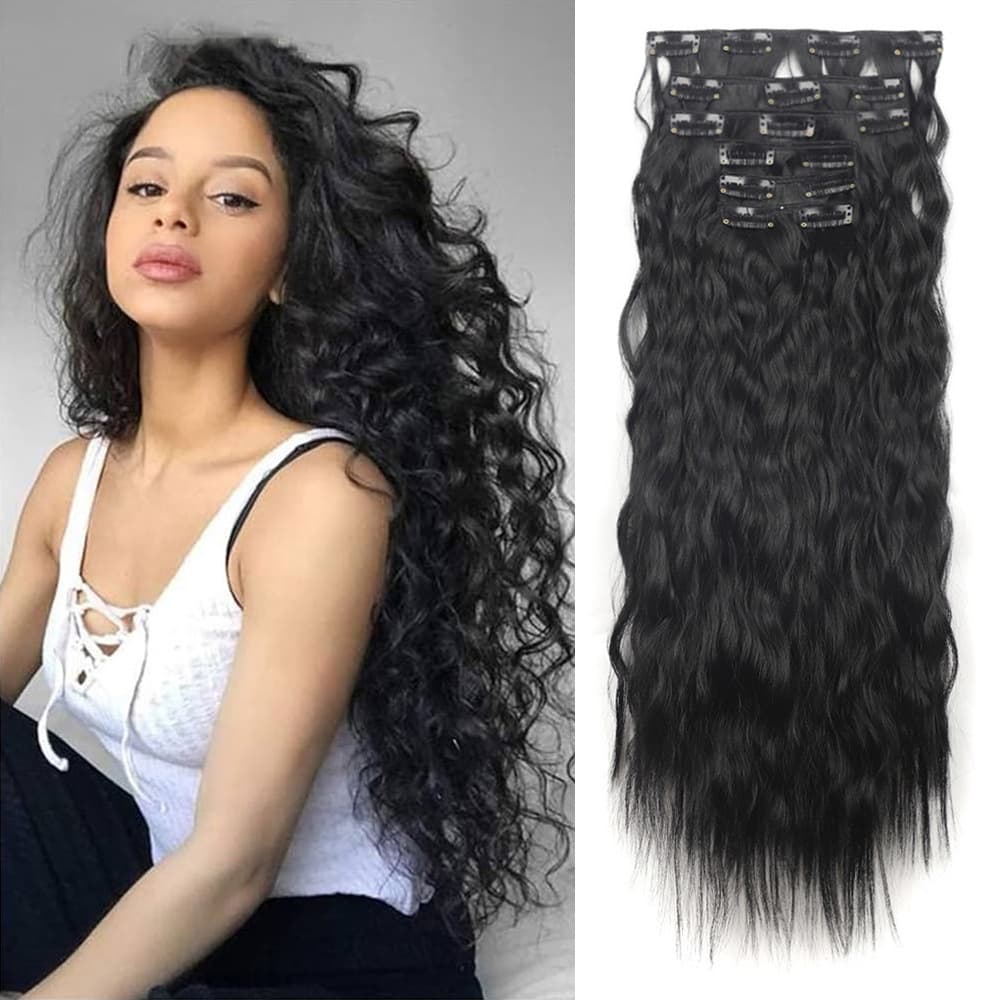 Cross-border Europe and America Wig Wholesale Long 6-Piece Set Water Wave Small Curl Clip-in Hair Extensions 20 Inches