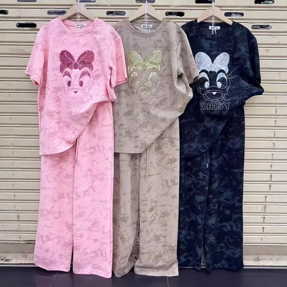 Southeast Asian tie-dye fashion suit for women summer new cartoon printed short-sleeved loose wide-leg pants casual two-piece set