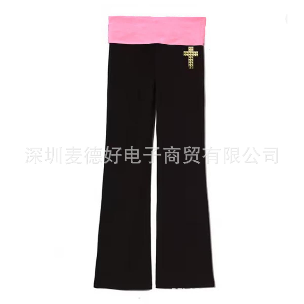 Y2K Millennium Retro Cuffed Waist Trousers Black and Pink Contrast Color Cross Print Slimming Trousers