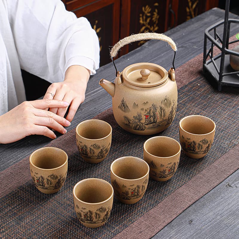 Factory Direct Japanese Style Coarse Pottery Large Handle Teapot with Cups, Vintage Cold Water Pitcher, Large Capacity Tea Pot