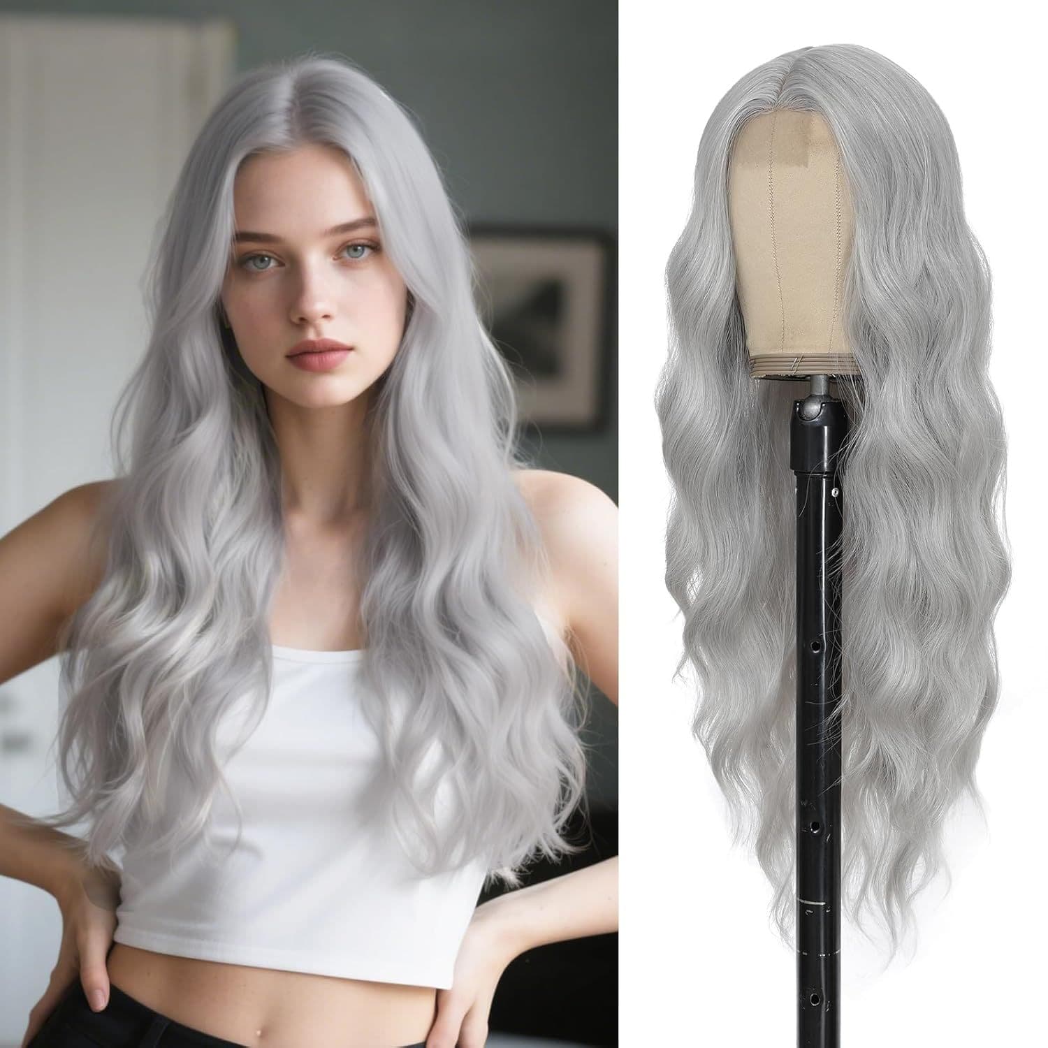European and American Cross-border Women's Long Curly Wig Full Wig Lace Hair Wigs in Granny Gray