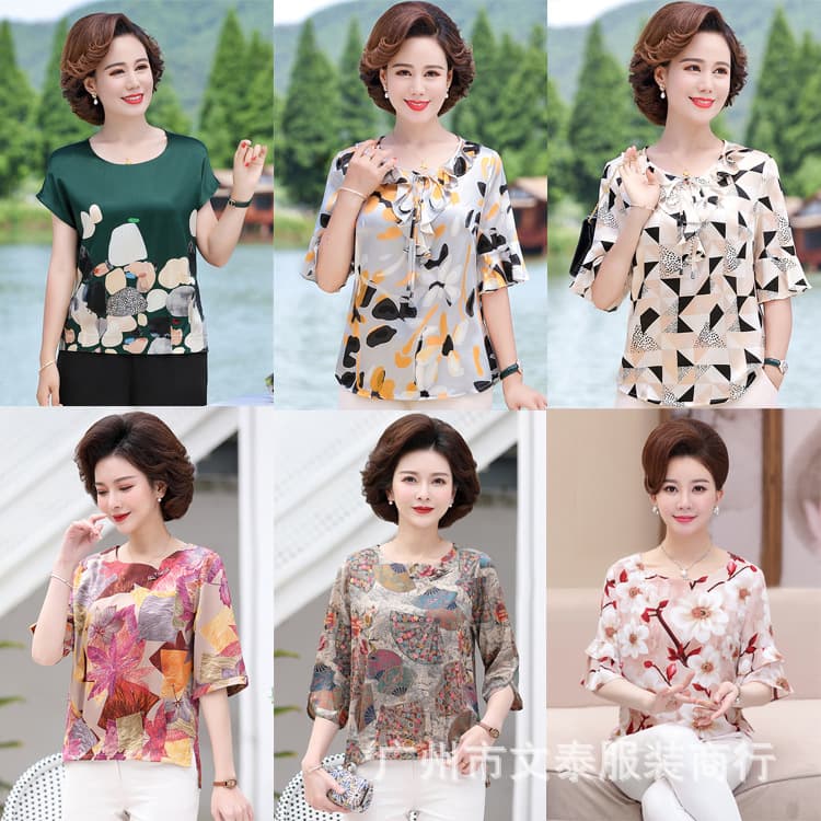 Summer Plus Size Short-Sleeve T-Shirt for Middle-Aged and Elderly Women, New Mother's Clothing, Street Stall Supply 1688