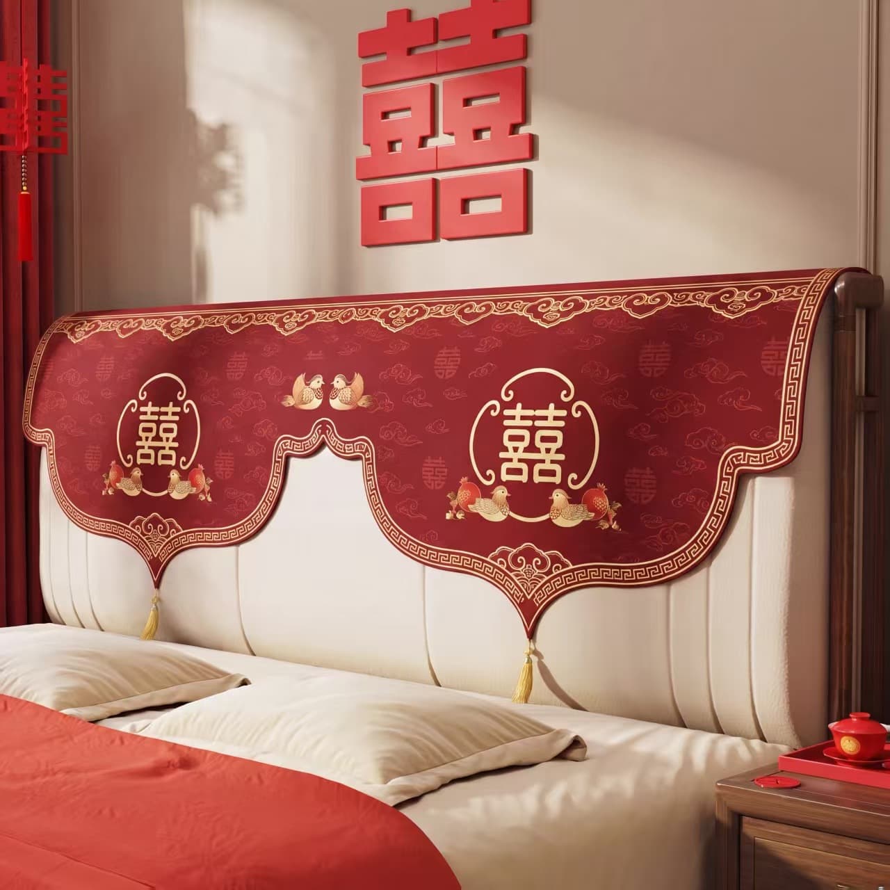 Wedding Bedside Cover Cloth Red Festive Bridal Room Decoration Bed Headboard Cover New Dust-Proof Cover