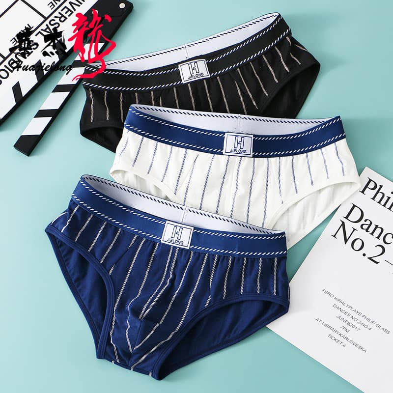 New Huajielong men's striped cotton briefs wholesale, mid-rise, large size, breathable, drop shipping available.