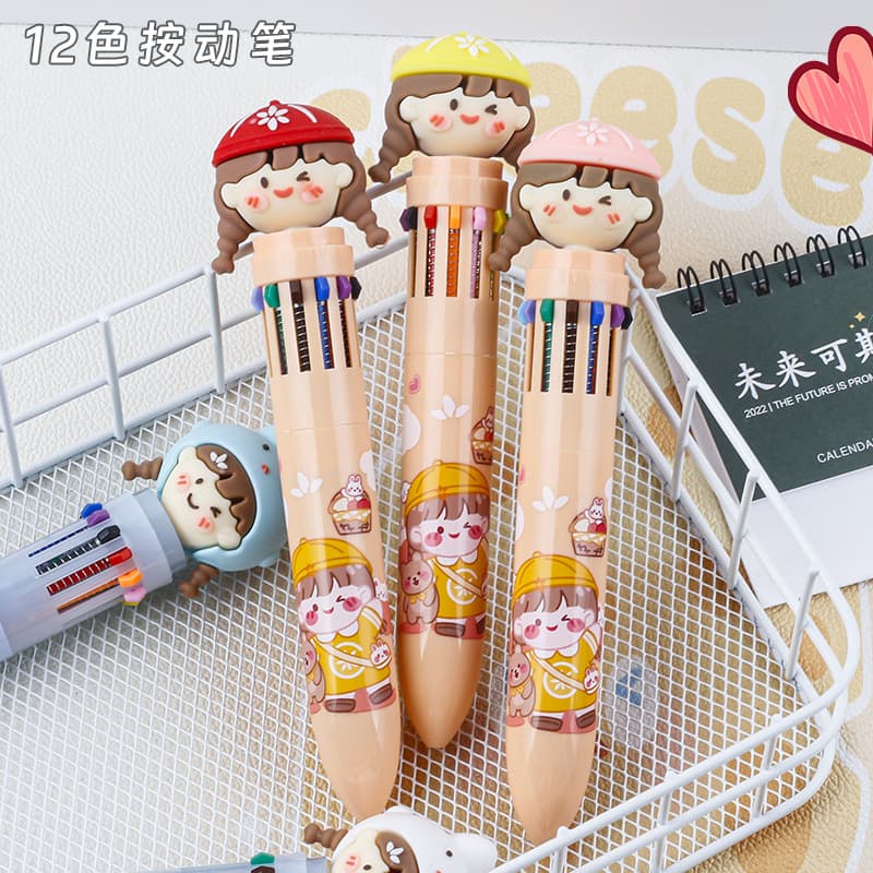 Cartoon cute 12-color ballpoint pens, high-value push-button multi-color pens, student handbook planning key color pens wholesale