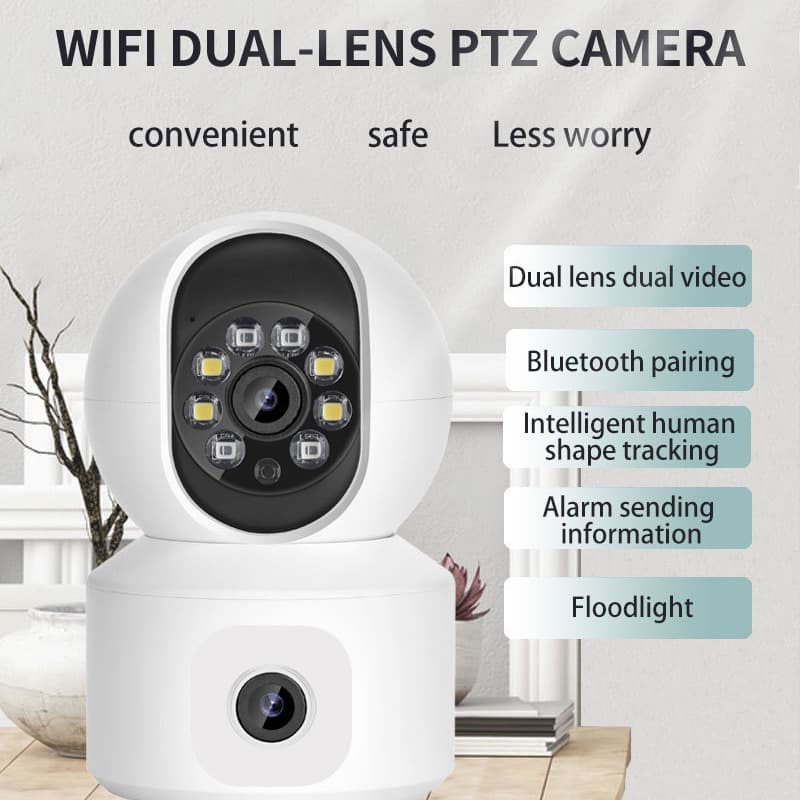 Home Surveillance Camera with Dual Lens and Dual Screen, HD Remote Control, Indoor WiFi Connection
