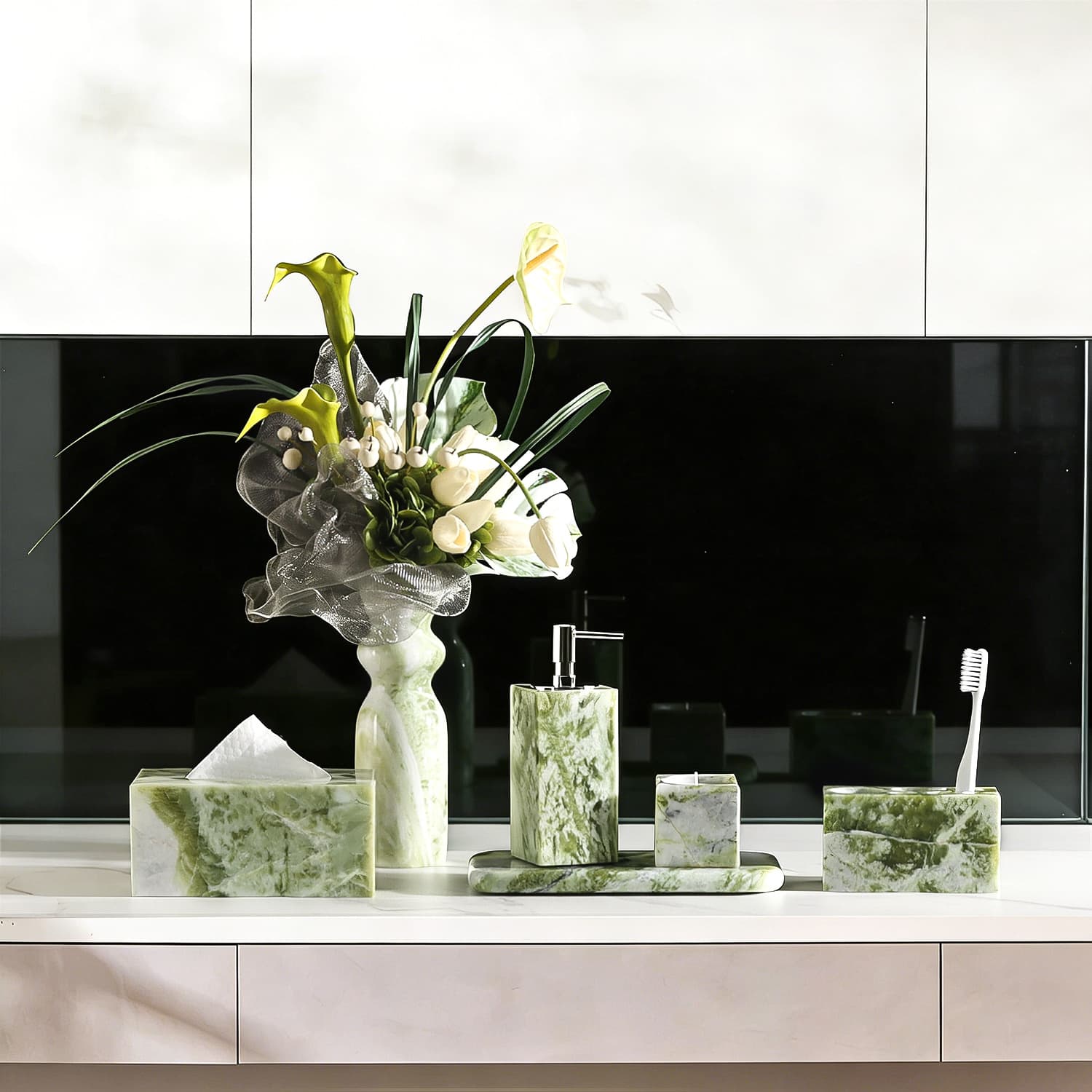 Marble Bathroom Vanity Set with Organizer Tray, Washbasin Shelf, Tissue Box Holder, and Decorative Accessories