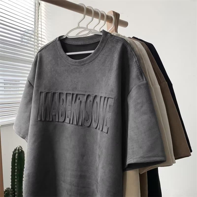 Heavyweight Suede T-Shirt, Men's Short-Sleeve American Loose Elastic Embossed Letter Shirt, Summer Couple's Trendy Brand Short-Sleeve Top
