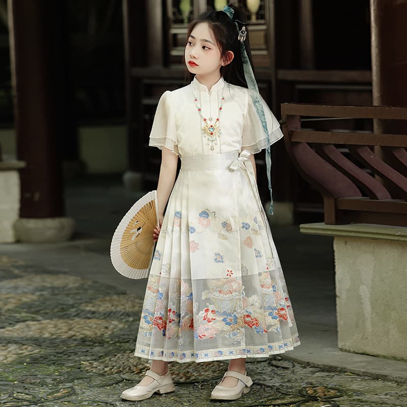 Horse-faced skirt for girls and boys woven gold suit 2026 new summer short-sleeved national style ancient costume children's skirt high-end