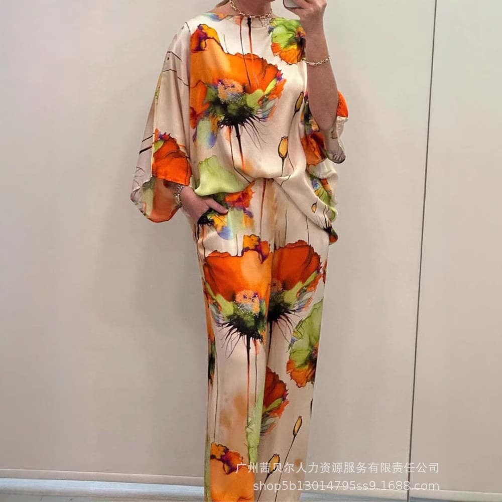 LZR19300A Women's Fashion Batwing Sleeve Top + Elastic Waist Wide-Leg Long Pants Set
