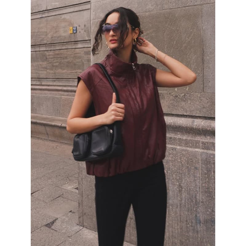 Fashionable Vintage Style Solid Color Sleeveless Stand Collar Short Leather Jacket 2026 Cross-Border European and American Style New Arrival