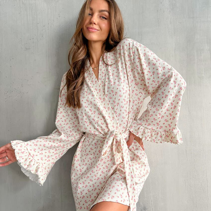 2026 Lotus Hem Long-Sleeve Printed Robe Bathrobe Floral Outer Robe Sleepwear for Women Autumn/Winter Skin-Friendly Ladies' Homewear
