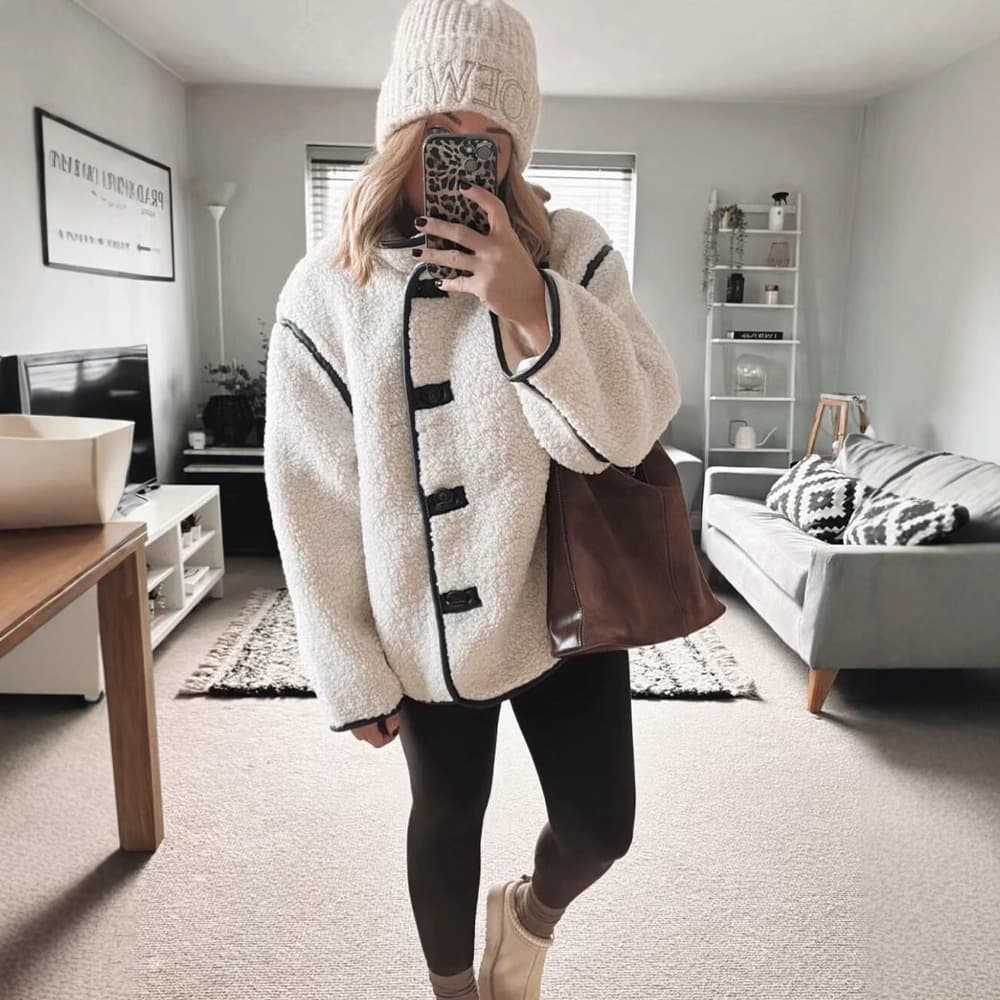 2024 autumn and winter new women's versatile stand-up collar single-breasted long-sleeved pocket loose casual lamb wool jacket