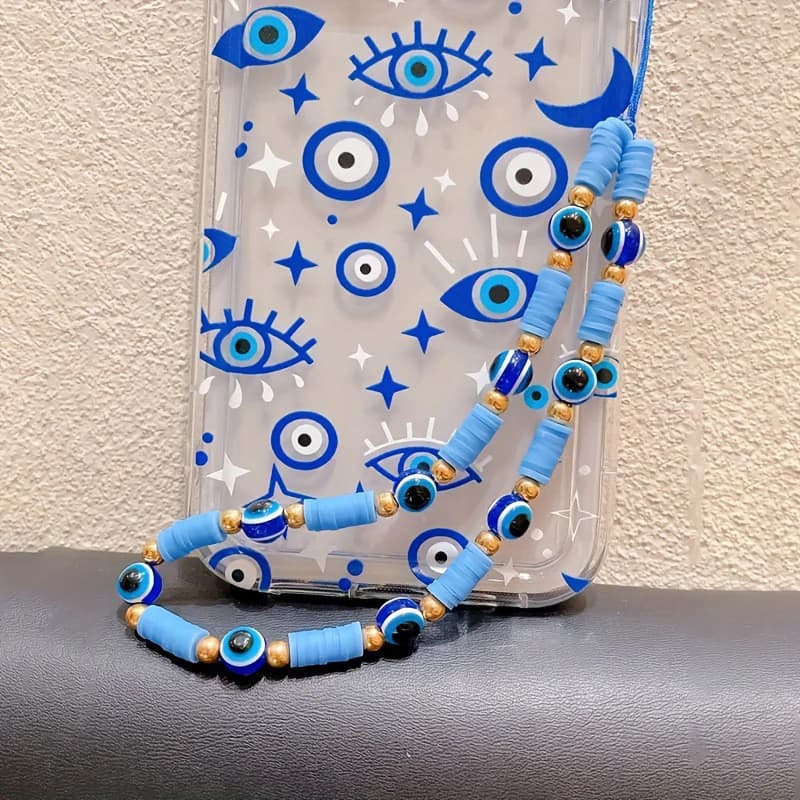 Personalized Blue Beaded Phone Strap with Pearl Smiley Face Polymer Clay Evil Eye Phone Case Lanyard Charm, Unisex